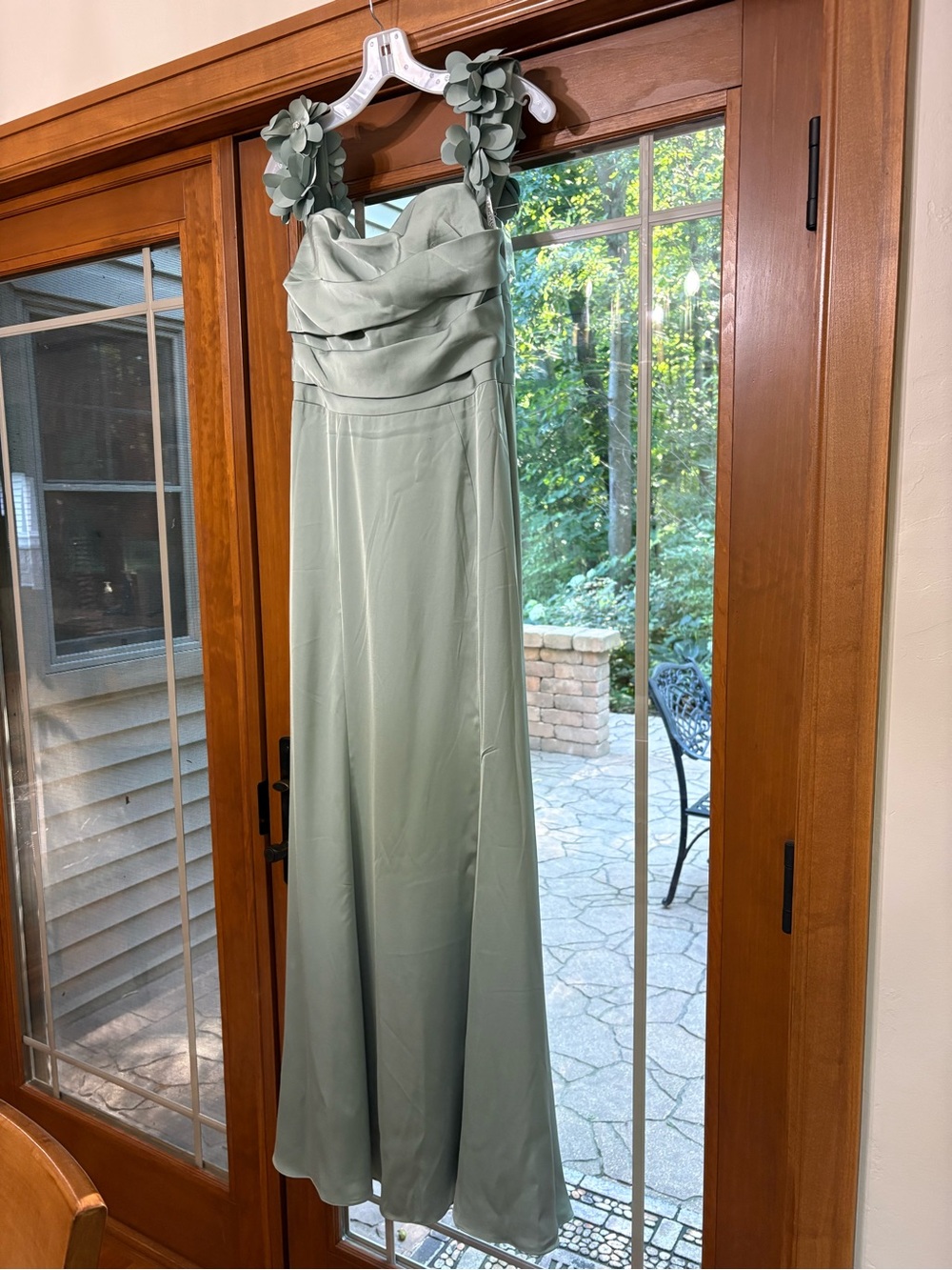 Oleg Cassini Sz 10 Soft Matte Dusty Sage Green Rosette Off-the-Shoulder Dress